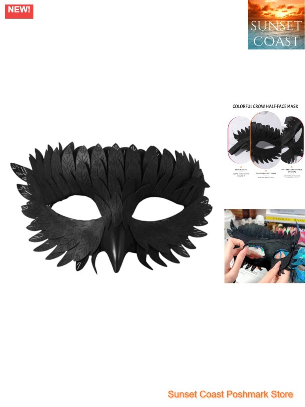 Iridescent Feather Raven Half Face Mask Masquerade Cosplay Costume
